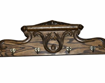Vintage French Country Style 4 Hooks Carved Wood Wall Coat Rack