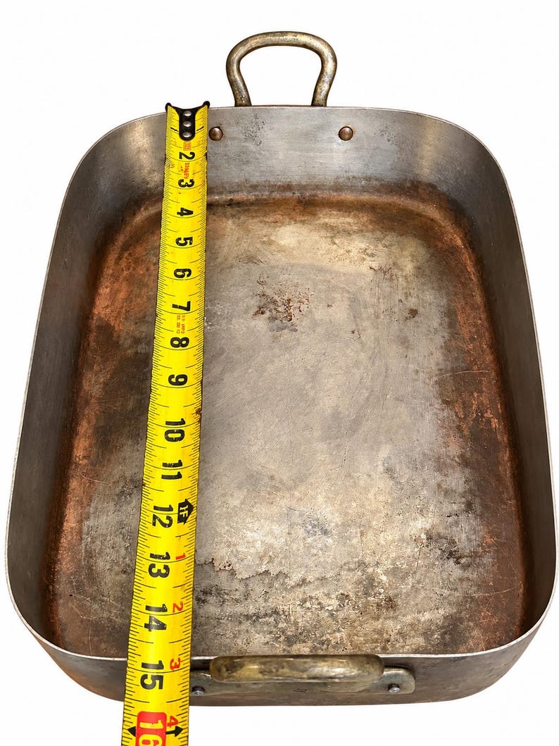 Vintage Solid Copper Rectangular Roasting Tray Pan Side Handles image 5