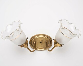 French Neoclassical Brass Two-Light Wall Sconce Etched Glass Shades