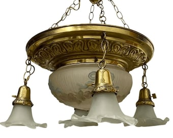 Lámpara colgante de cuatro brazos de cristal floral pintado a mano de estilo francés antiguo