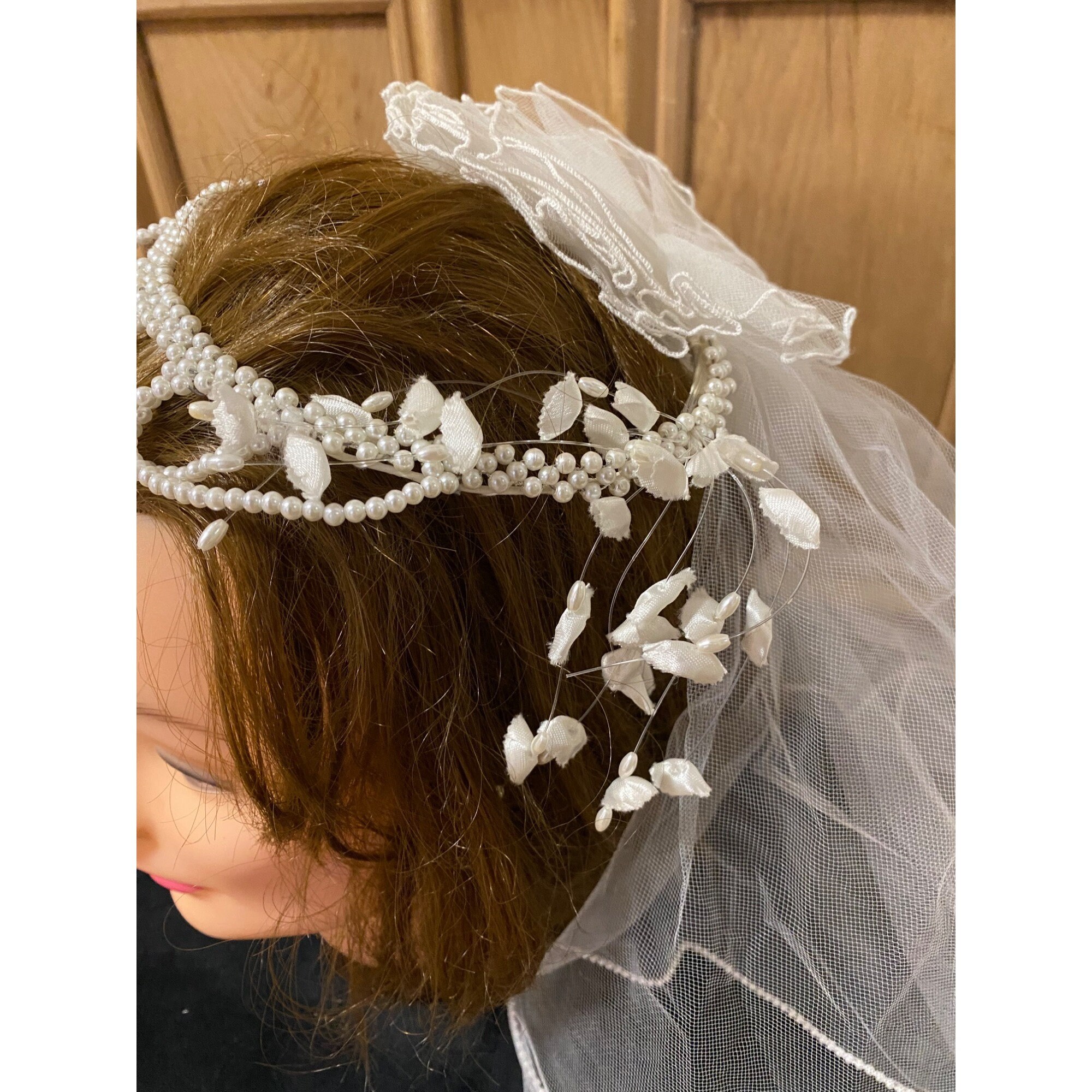Vintage 2 Tier Viel Bridal Wedding Lace Tulle Tiered Pearls Headband $_57.JPG?set_id=880000500F main image 4