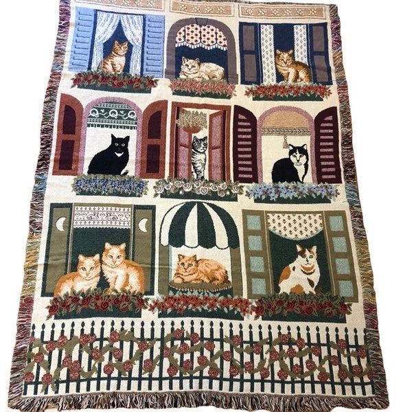 Cats in the Window Throw Woven Blanket 46" x 66" Vintage