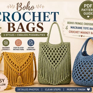 Patron PDF de sacs au crochet | Guide des sacs bandoulière bohèmes à franges, cabas en macramé et sacs de marché