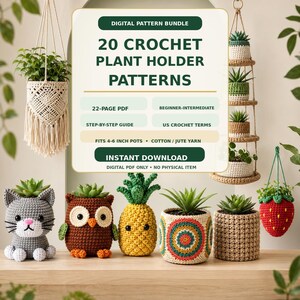 20 modelli di portavasi all'uncinetto - Pacchetto PDF di appendini e coprivasi in stile boho