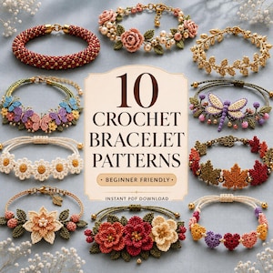 Pacchetto di 10 modelli per braccialetti all'uncinetto, gioielli floreali con perline in formato PDF, tutorial per principianti