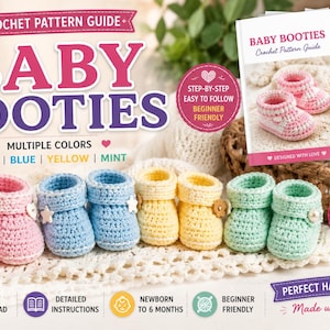 May include: A crochet pattern guide for baby booties featuring text that reads BABY BOOTIES, MULTIPLE COLORS, PINK, BLUE, YELLOW, MINT, and 8 PAGES. The image displays eight handmade crochet booties in pink, blue, yellow, and mint colors with buttons.