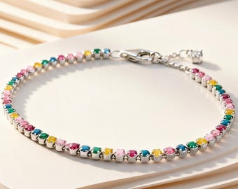 Rainbow Tennis Bracelet | Sterling Silver, Colorful Crystal Charm Jewelry | Charm Bracelet | Charm Bracelet