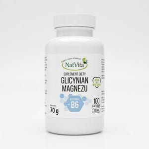 Può includere: Un flacone in plastica bianca di integratore alimentare NatVita contenente glicinato di magnesio e vitamina B6. L'etichetta riporta il testo Glicynian Magnezu, 100 kapsułek, 70 g, 700 mg e un simbolo vegano e vegetariano.
