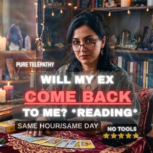 May include: A person with dark hair and glasses sits at a table with tarot cards. Text overlays read: PURE TELEPATHY, WILL MY EX COME BACK TO ME? *READING*, SAME HOUR/SAME DAY, and NO TOOLS, accompanied by five yellow stars at the bottom right.