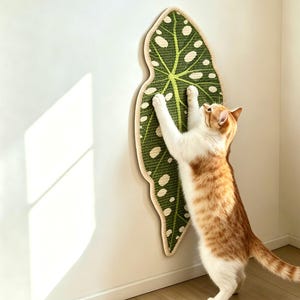 May include: A wall-mounted cat scratching pad shaped like a large green leaf with white variegated spots and a light beige border. The textured surface features a prominent central vein and radiating leaf veins, designed for feline claw maintenance.