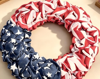 Vintage Ruffled Burlap American Flag Wreath | USA 250th Anniversary Patriotic Front Door Hanger, for 4th of July Memorial Day Veteran’s Day.