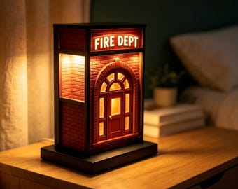 Mini Fire Dept Station Night Light - Vintage Brick Miniature Building Table Lamp - Tiny Streetscape Decor - Firefighter Retirement Gift.