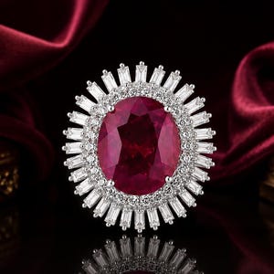 May include: A ring featuring a large oval-cut deep red gemstone at the center, surrounded by a halo of small round white stones and an outer sunburst-style border of elongated baguette-cut white stones set in a metallic band.