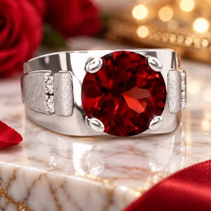 Op de afbeelding: Een zilverkleurige ring met een grote, ronde, dieprode edelsteen die door vier pootjes wordt vastgehouden. De band heeft een geborstelde metalen afwerking aan de zijkanten, geaccentueerd door twee kleine, heldere, ronde stenen verticaal geplaatst.