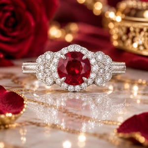 Puede incluir: Un anillo de tono plateado con una gema grande, redonda y de color rojo intenso en el centro, rodeada por un halo de pequeñas piedras claras y brillantes. La banda tiene un borde texturizado estilo milgrain y el engaste incluye piedras.