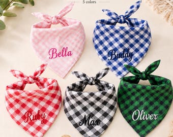 Bavaglino/sciarpa personalizzato per animali domestici, bandana per cani ricamata su misura, sciarpa a quadretti per cuccioli, regalo per amanti dei cani
