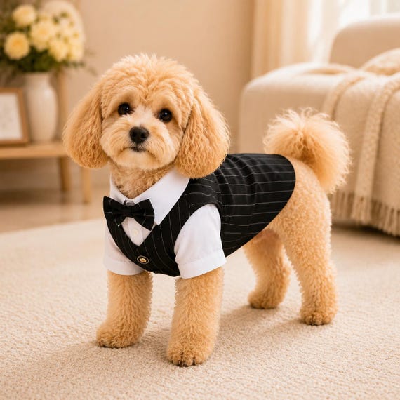 Luxury Dog Tuxedo Outfit, Formal Pet Suit with Bow Tie, Wedding Dog Clothes, Puppy Birthday Outfit, Elegant Small Dog Costume Pet Party Wear