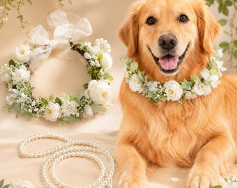 Collare per cani con fiori e guinzaglio di perle, ghirlanda floreale bianca per cani, accessorio per servizi fotografici di compleanno, accessorio per animali domestici per matrimoni, regalo per la mamma di un cane e per gli amanti dei cani