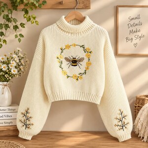 Jersey de punto de cuello alto acanalado corto para mujer, bordado.
