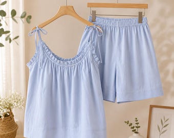 Soft Cotton Sleepwear Set, Two Piece Lounge Set, Breathable Nightwear, Cute Cami and Shorts Set, Summer Pajamas, Comfortable Loungewear Gift