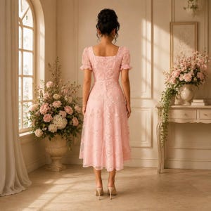 Women's Floral Embroidered Midi Dress, Puff Sleeve A Line Dress, Square Neck Party Dress, Elegant Wedding Guest Dress, Tea Length Dress image 3