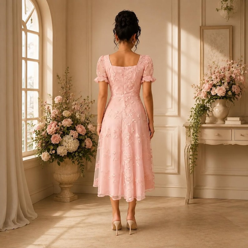 Women's Floral Embroidered Midi Dress, Puff Sleeve A Line Dress, Square Neck Party Dress, Elegant Wedding Guest Dress, Tea Length Dress image 3