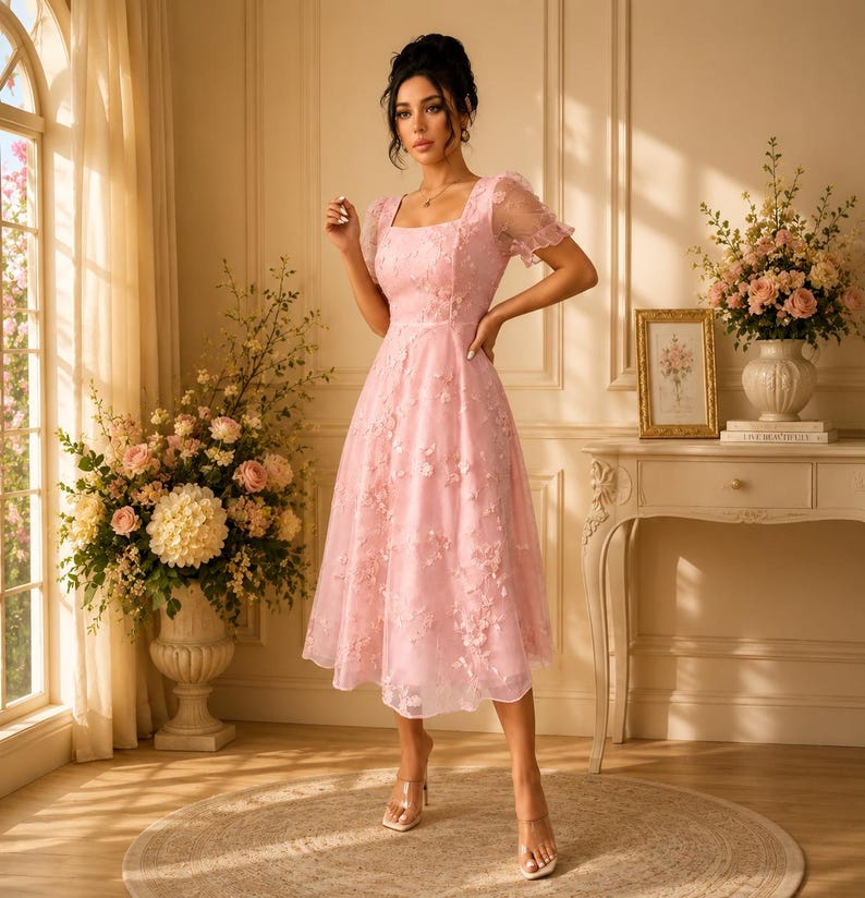 May include: A light pink midi dress featuring a square neckline, short puff sleeves, and a fitted bodice that flares into a full skirt. The fabric is adorned with delicate, tonal floral embroidery and three-dimensional flower appliqu&eacute;s throughout.