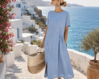 Abito da donna 100% cotone, abito midi casual, vestibilità comoda, perfetto per l'estate.