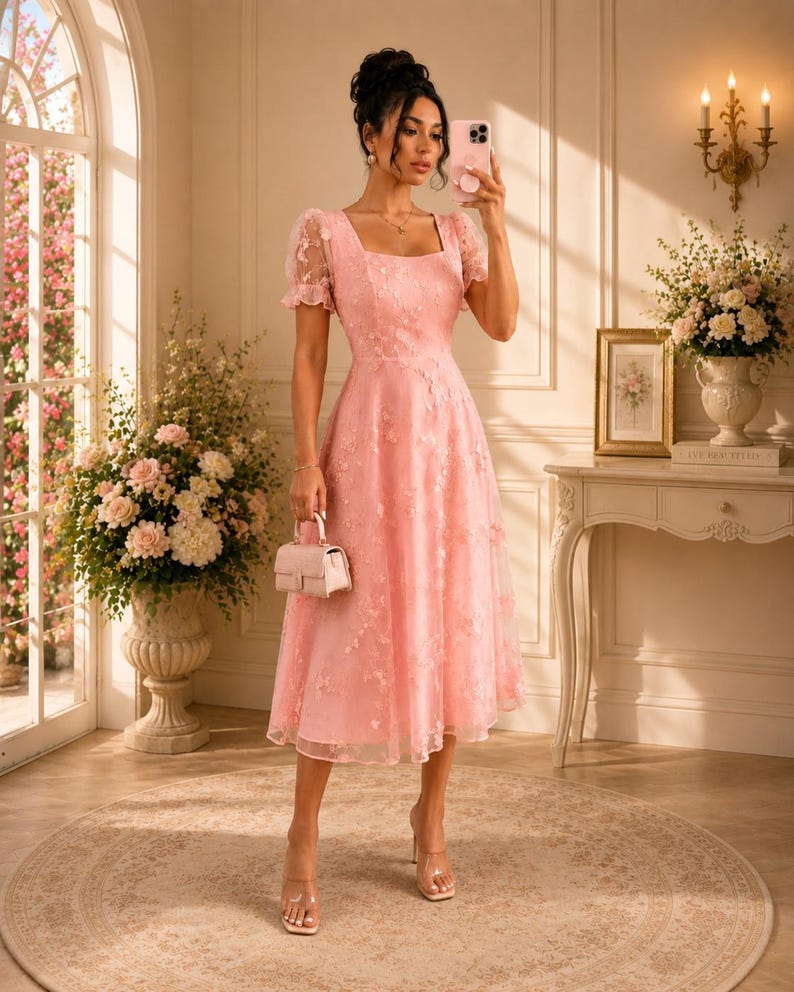 May include: A light pink midi dress featuring a square neckline, short puff sleeves, and an overlay of delicate floral embroidery. The dress has a fitted bodice and a flared skirt, paired with a small matching pink handbag and clear sandals.
