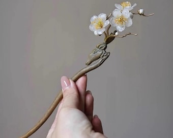 White Plum Blossom Hairpin Wooden Hanfu Hair Stick Chinese Style