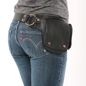 Hip Pack Leather Utility Belt - Black (Unique style, versatile belt. Great storage. Large enough to store most ANY phone on the market)