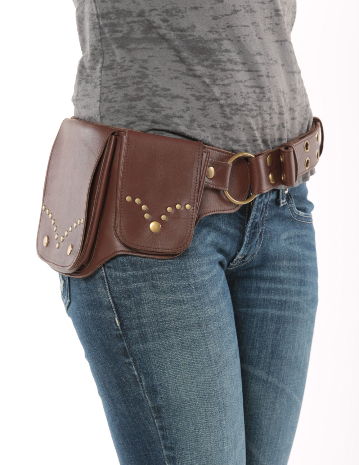 Hip Pack Leather Utility Belt Dark Brown Rivet Design | Etsy