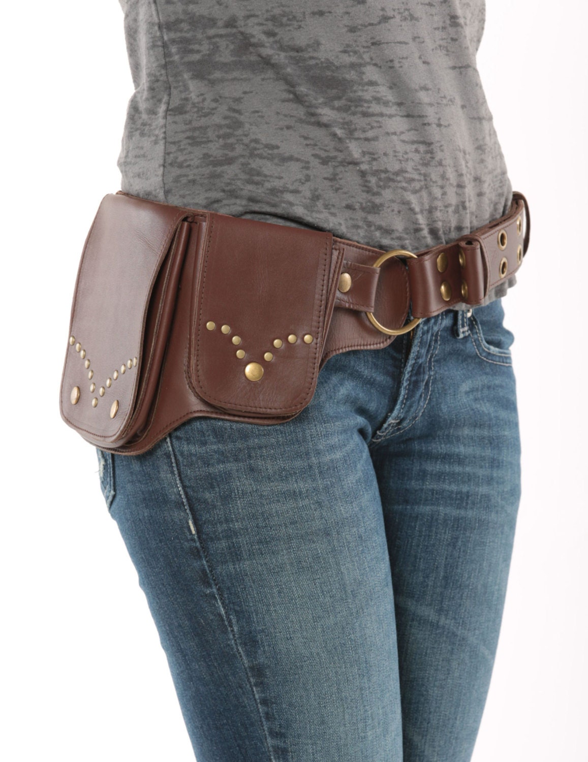 Hip Pack Leather Utility Belt Dark Brown Rivet Design Etsy
