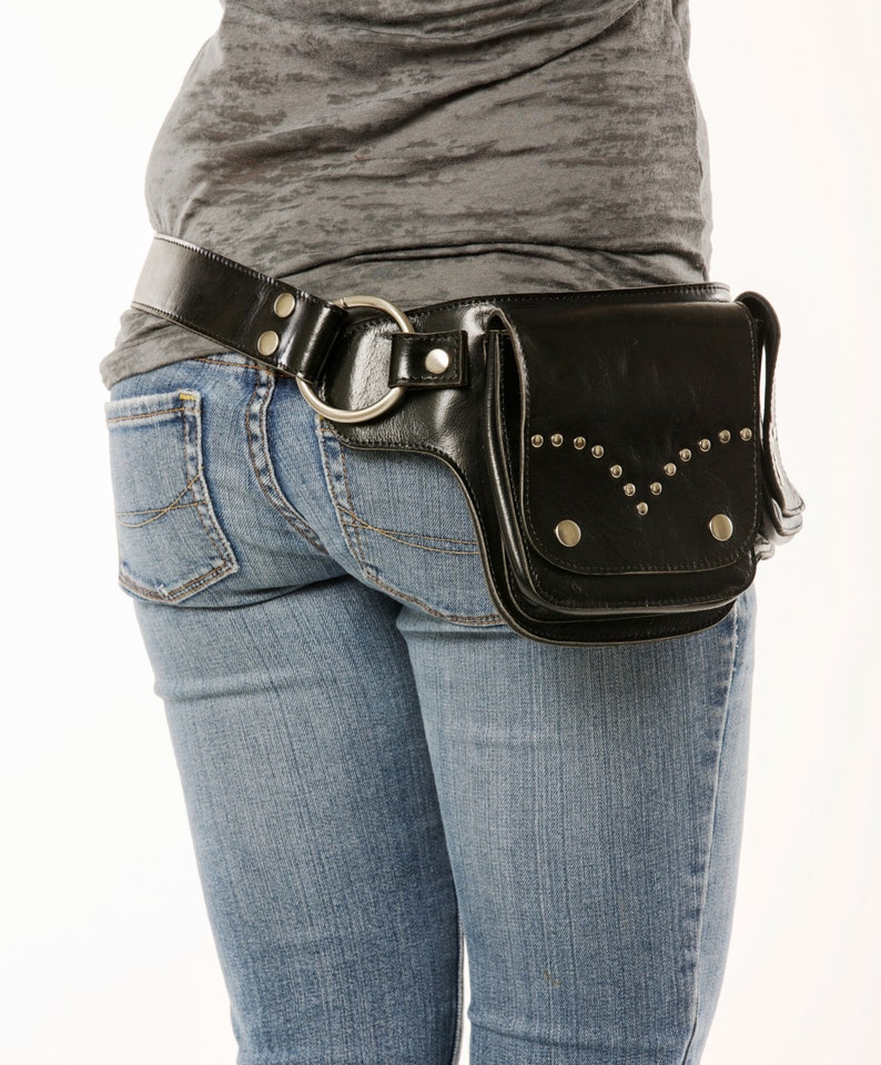 Hip Pack Leather Utility Belt Black with Chrome Rivet Design Etsy
