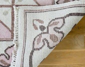 Vintage Oushak Rug, Handmade Wool Area Rug, Floral Turkish Rug, Blush Pink Beige Carpet, Neutral Living Room Rug, Custom Size Rug