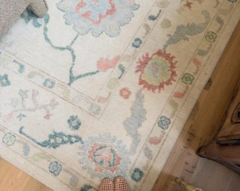 Vintage Oushak Rug, Hand Knotted Wool Area Rug, Turkish Oushak Carpet, Ivory Pastel Floral Rug, Living Room Rug, Custom Size Rug