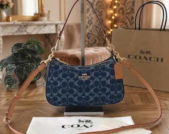 Denim Signature Shoulder Bag | Blue & Brown 2-Way Crossbody Purse with Gold Hardware