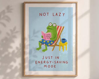 Avslappnad groda utskrivbar poster, rolig Cottagecore-illustration, mysig digital nedladdning av väggdekorationer