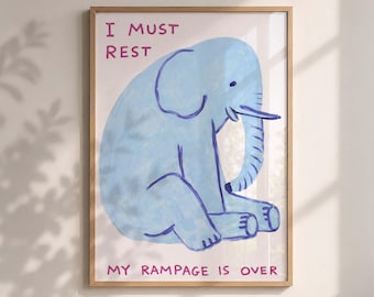 Póster imprimible de elefante dormilón, ilustración de animal caprichosa, descarga digital para decoración de pared de habitación infantil.
