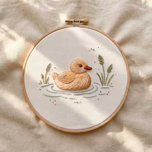 Cute Yellow Duckling Pond Embroidery Kit, Custom Pattern Available, 6/8 Inch Beech Wood Hoop Option, Preprinted Reed Water  Ripple Wildlife