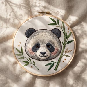 May include: A circular wooden embroidery hoop containing a fabric panel with a detailed thread-stitched panda face. The panda features black eye patches, ears, and nose, with soft grey and white fur texture and pink cheeks, surrounded by green bamboo.
