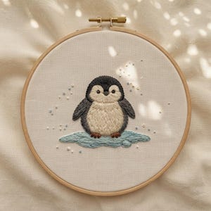 Cute Baby Penguin Embroidery Kit, Custom Pattern Available, 6/8 Inch Beech Wood Hoop Option, Preprinted Arctic Ice Floe Winter Wildlife