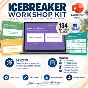 Op de afbeelding: Een Icebreaker Workshop Kit PowerPoint-sjabloon met 134 bewerkbare dia's en 99 kant-en-klare voorbeelden. Het scherm toont een laptop met een Would You Rather-dia, naast groene en gele kaarten voor Speed Connections en Human Bingo-activiteiten.