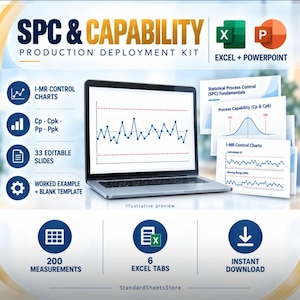 May include: A digital SPC and Capability Production Deployment Kit featuring a laptop displaying a control chart, alongside icons for Excel and PowerPoint. The kit includes 33 editable slides, 200 measurements, 6 Excel tabs, and instant download.