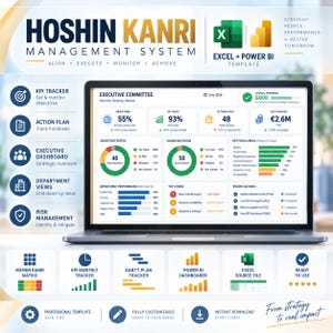 May include: A laptop displaying a Hoshin Kanri Management System dashboard with Excel and Power BI icons. The screen shows an Executive Committee monthly strategy review with various charts, KPI trackers, and performance metrics for July 2026.
