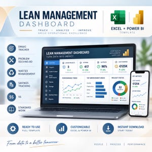 Peut inclure: Un modèle de tableau de bord de gestion Lean pour Excel et Power BI affiché sur un écran d'ordinateur portable et de smartphone. L'interface présente des visualisations de données, des graphiques linéaires, des barres et un diagramme circulaire.