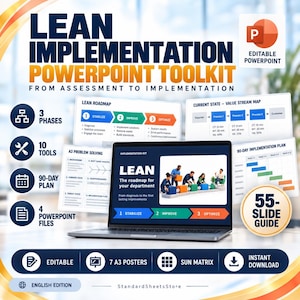 Può includere: Un toolkit PowerPoint per l'implementazione Lean con 55 diapositive, 10 strumenti e un piano di 90 giorni. Il prodotto digitale include poster A3, una matrice SUN e file modificabili. Lo schermo del laptop mostra una roadmap di miglioramento.