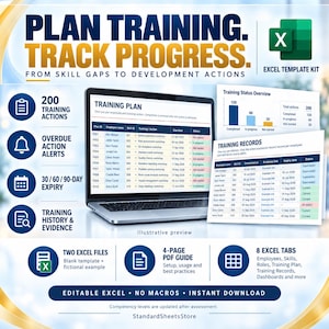 Op de afbeelding: Een Excel-sjabloonkit voor trainingsbeheer met een laptop die een trainingsplan, statusoverzicht en trainingsrecords toont. Bevat iconen voor 200 acties, waarschuwingen en historie. Tekst bevat PLAN TRAINING. TRACK PROGRESS.