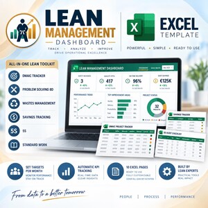 May include: A digital Lean Management Dashboard Excel template displayed on a laptop screen, featuring data visualizations, a DMAIC tracker, savings tracker, and 5S audit checklist. The interface includes performance trends and project status charts.