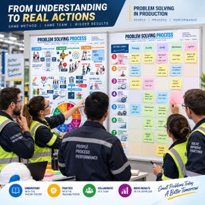 May include: Two large white dry-erase boards titled Problem Solving Process featuring colourful diagrams, flowcharts, and a grid of sticky notes with text. The boards display steps for finding, analysing, solving, and sustaining production improvements.